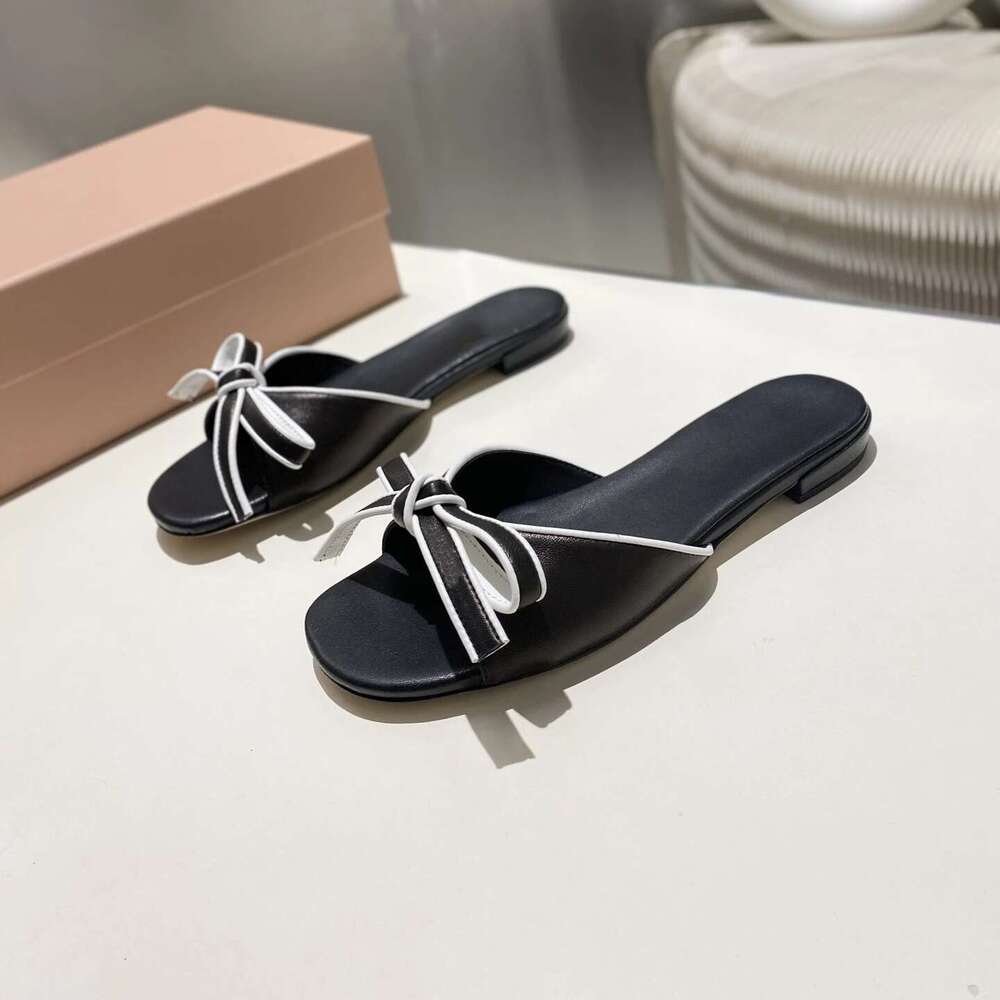 New Women Genuine Leather Slippers Butterfly Knot Low Heels Summer Slides Solid Colors Designer Shoes Zapatillas De Mujer
