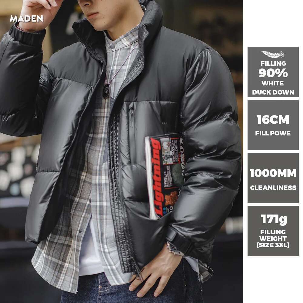 Maden Black Spliced Jacket With 90% White Duck Down Stand-Up Collar Thickened And Cold-Proof For Men's Winter Warm Coat Designer