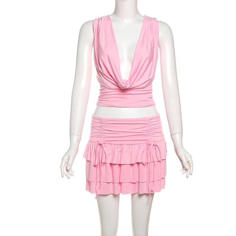 Chic 2 Piece Set Women Sexy Halter Swing Collar Tank Tops+Tierred Skirts Matching Beach Party Vacation Elegant Clubwear