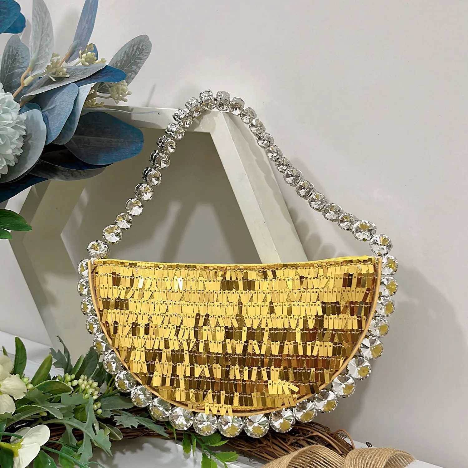 Women Round Handle Mini Sequin Clutch Women 2024 New Y2K Fashion Luxury Brand Diamonds Evening Underarm Shoulder Bag HandbagsW250512