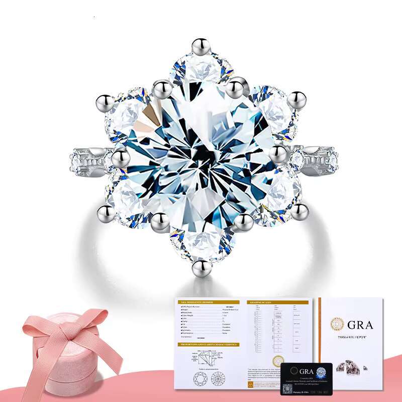 925 Sterling Silver Gra Certified 5ct Large Moissanite Diamond VVS D Color Sun Flower Ring Wedding Luxury Fine Jewelry for Women