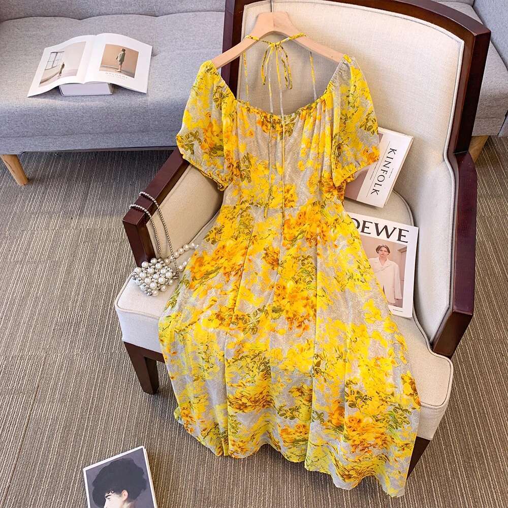 Summer Plus Size Women's Chiffon High Waist Short Sleeve Yellow Floral Split Dress Casual Seaside Beach Style
