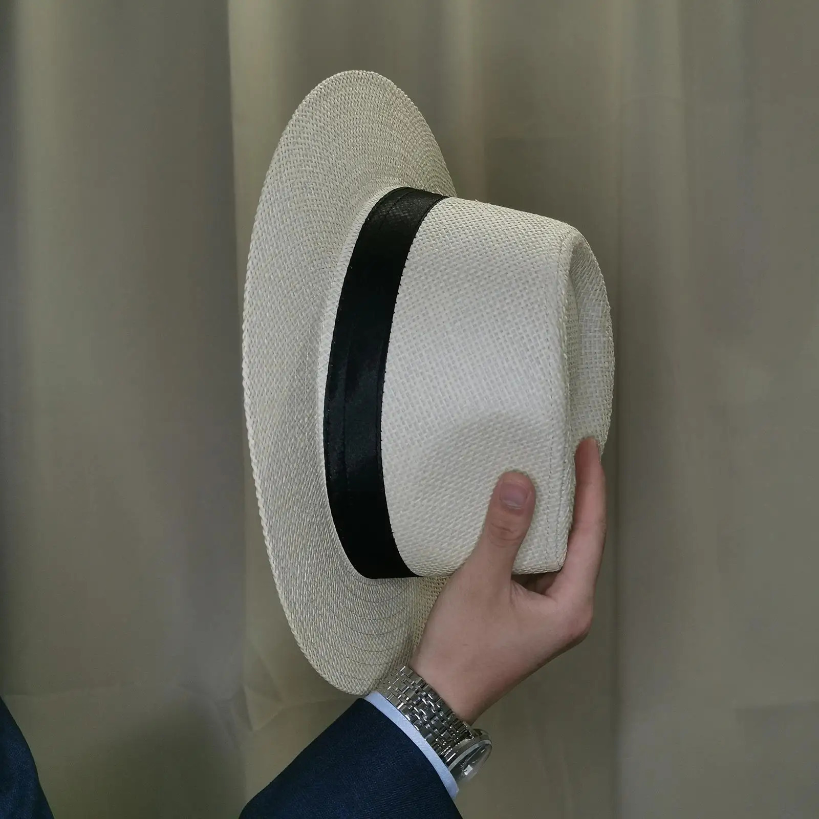 Fashion Men Natural Panama Straw Hat Summer Trendy Beach Sun Hats Solid Color Fedoras Ribbon Casual Cowboy Jazz Cap Gangster 250512