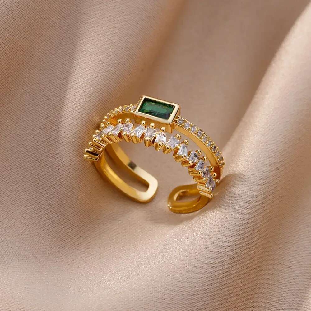 Gold Color Stainless Steel For Women Colorful Cubic Zircon Heart Opening Adjustable Ring Fashion Jewelry Wedding Gift
