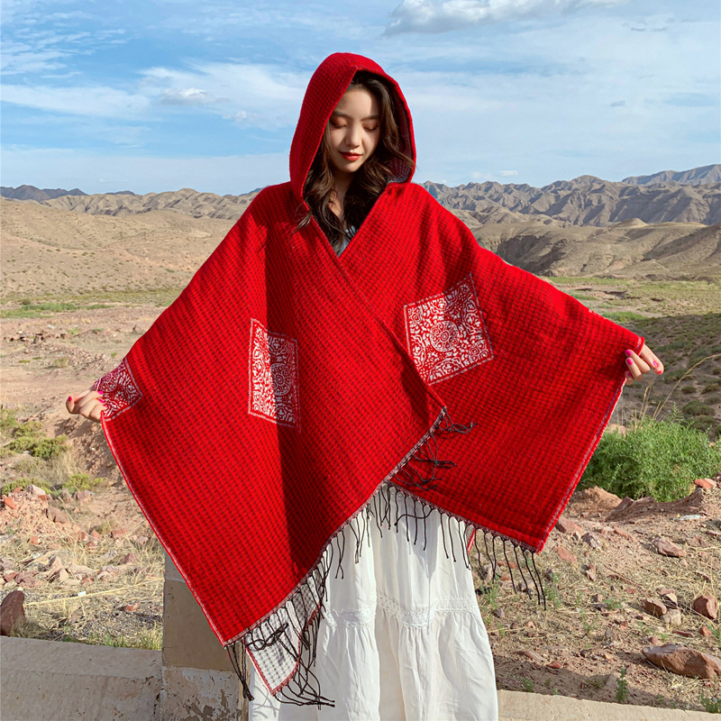 K695 Travel photography cape large shawl women autumn and winter outerwear sun protection hooded scarf red ethnic style knitted coat