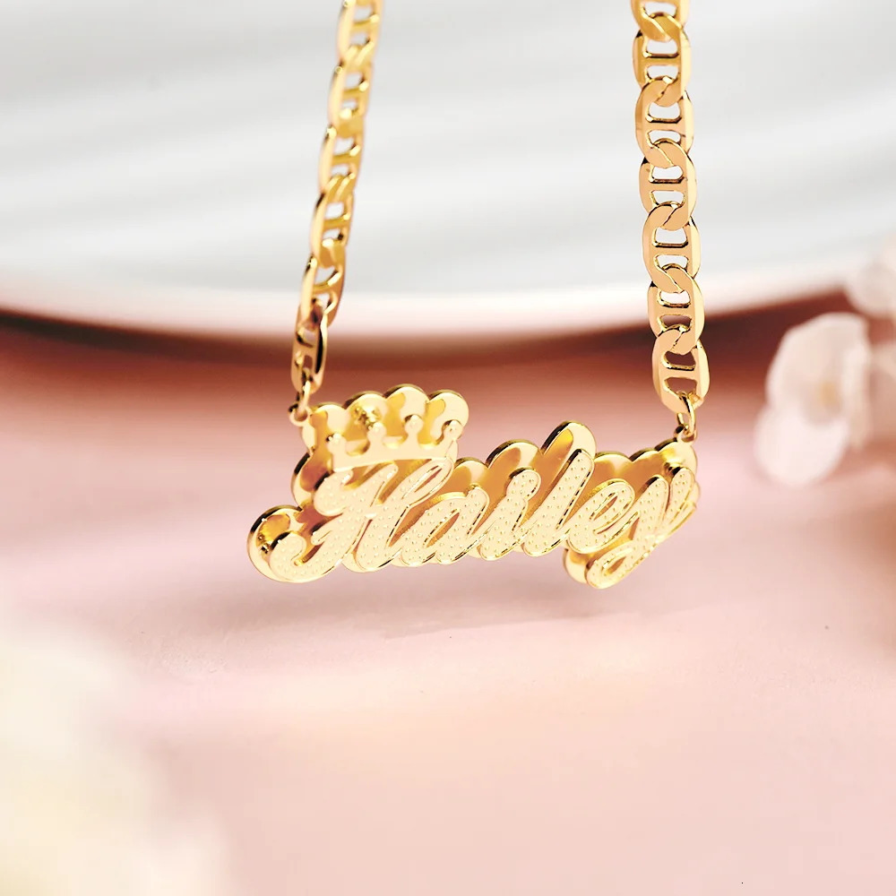 DHQH Customized 3D Name Necklace with Crown Personalized Double Layer Pendant Flat Chain Womens Stainless Steel Jewelry Gift 250512