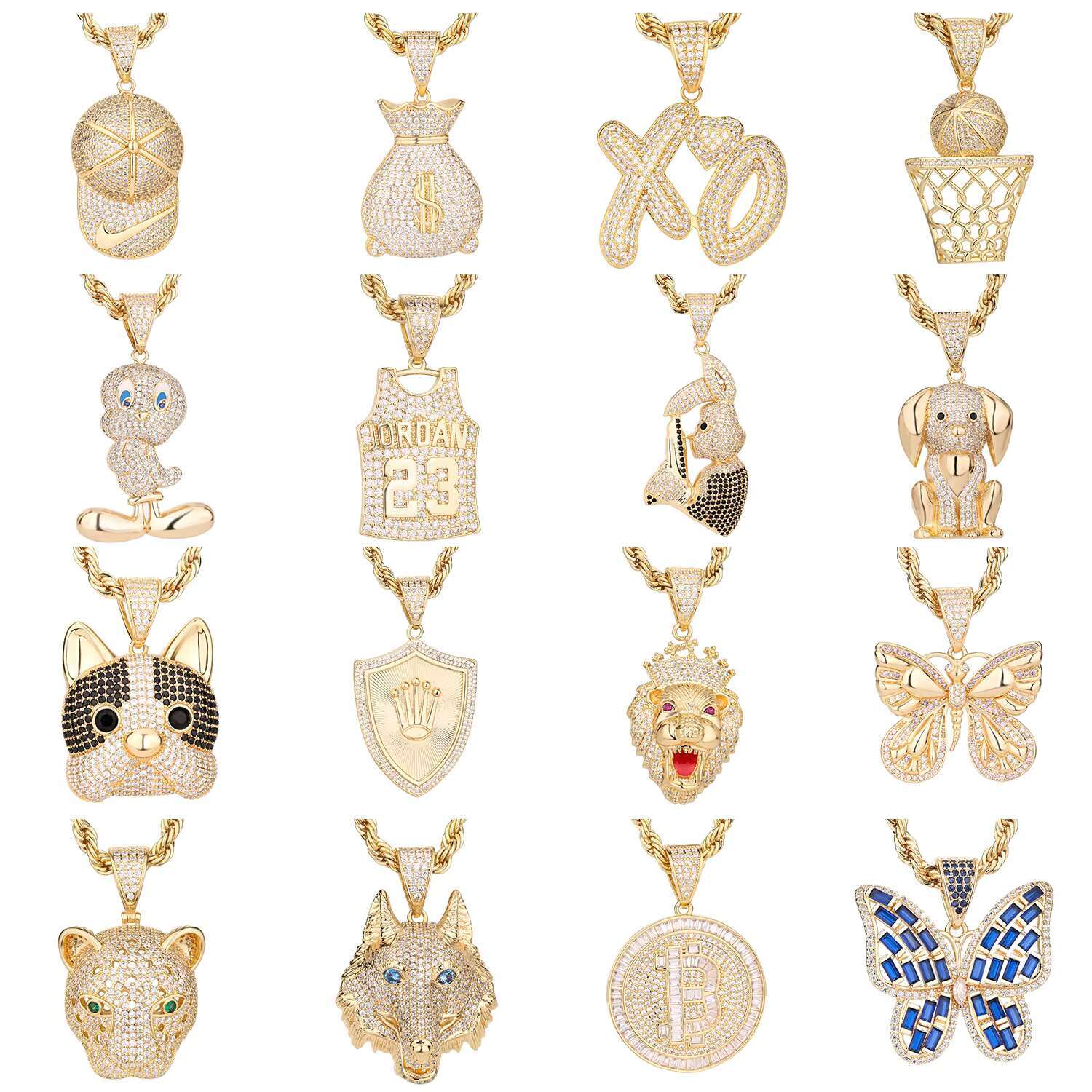 OEM ODM Hip Hop 14k Gold Plated Rooster Cubic Zirconia Copper Pendants and Necklaces