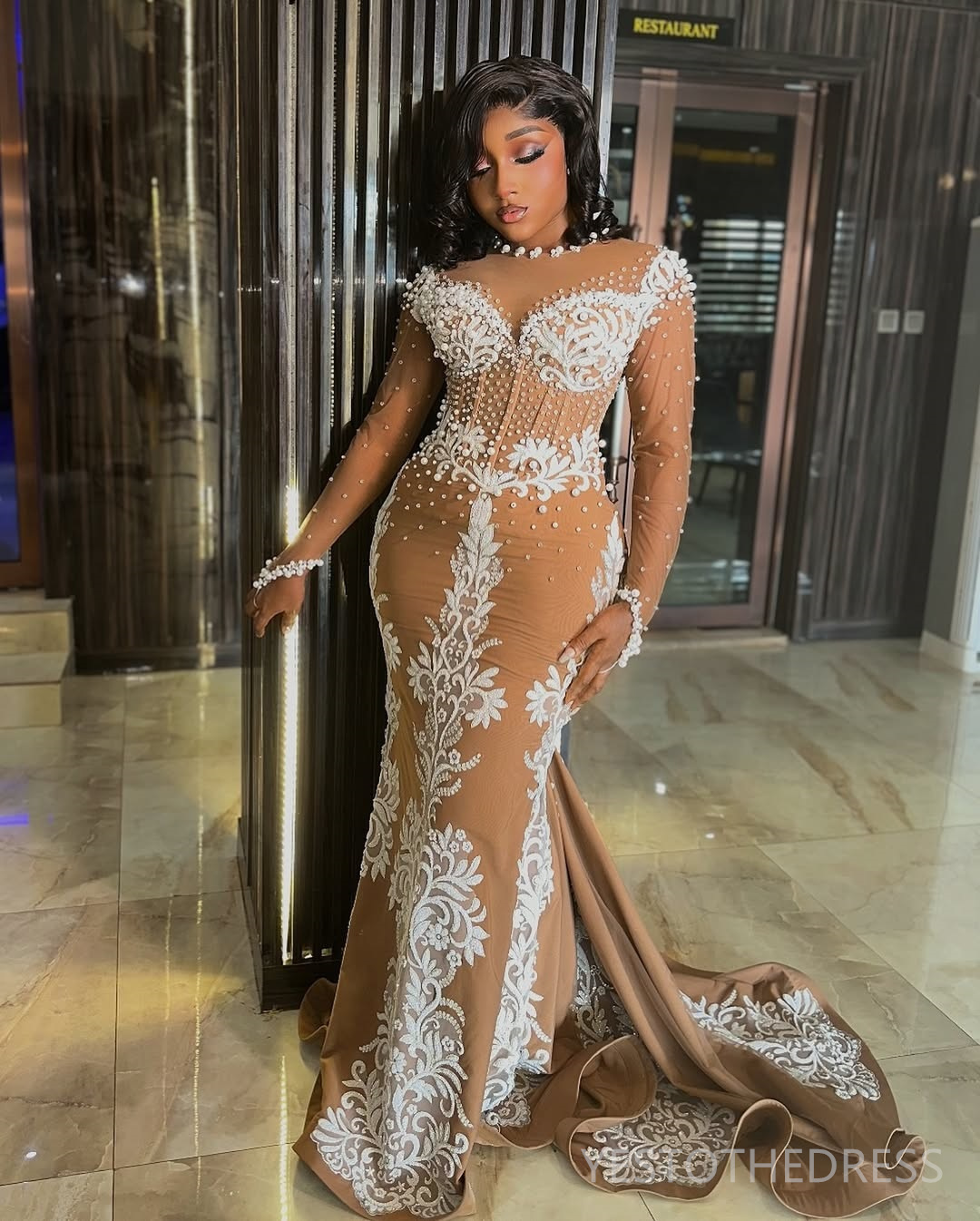 2025 Plus Size Brown Aso Ebi Prom Dress Mermaid Prom Dresses Evening Formal Gowns Sheer Neck Long Sleeves Pearls Lace Birthday Dress Second Reception 