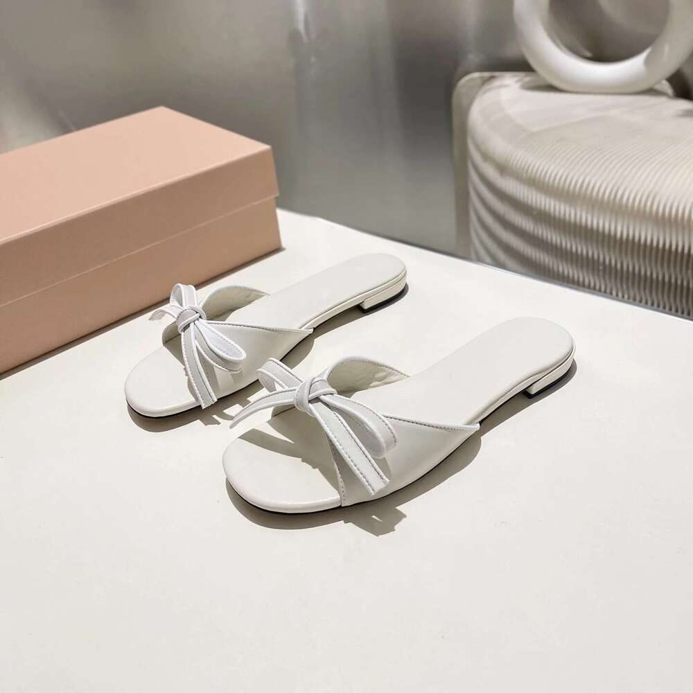 New Women Genuine Leather Slippers Butterfly Knot Low Heels Summer Slides Solid Colors Designer Shoes Zapatillas De Mujer
