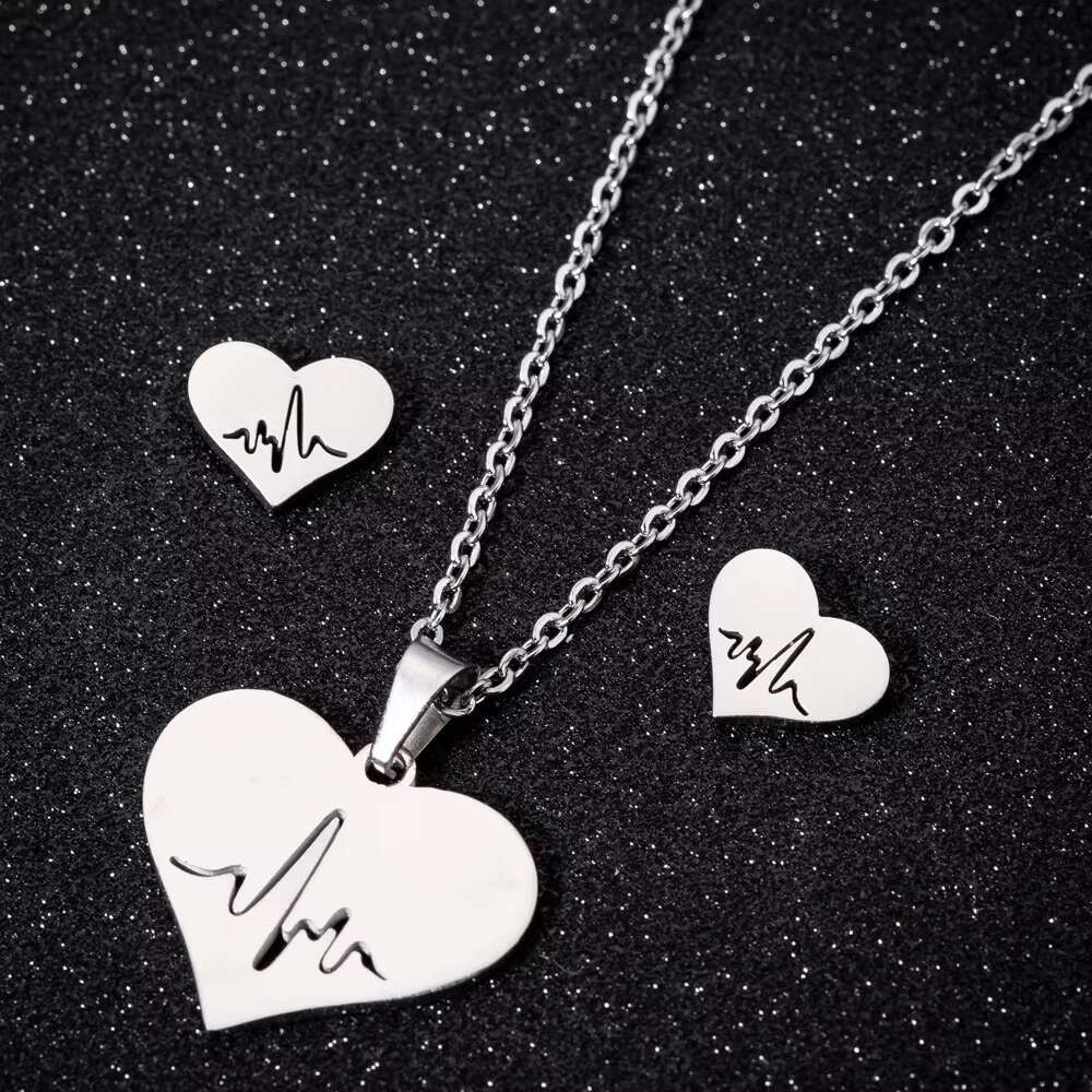 Stainless Steel Ecg Heart Pendant Necklaces and Earrings Jewelry Set for Girls