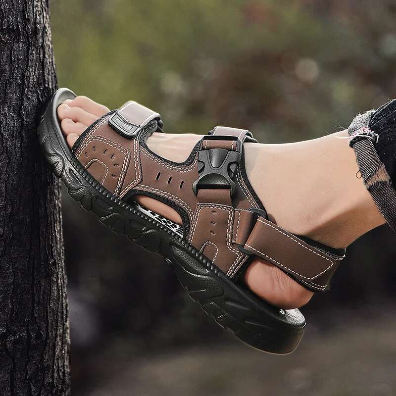 Summer PU Leather Lightweight Open Toe Flat Mens Casual Outdoor Walking Sandals for Men Beach Shoes Size 39-46
