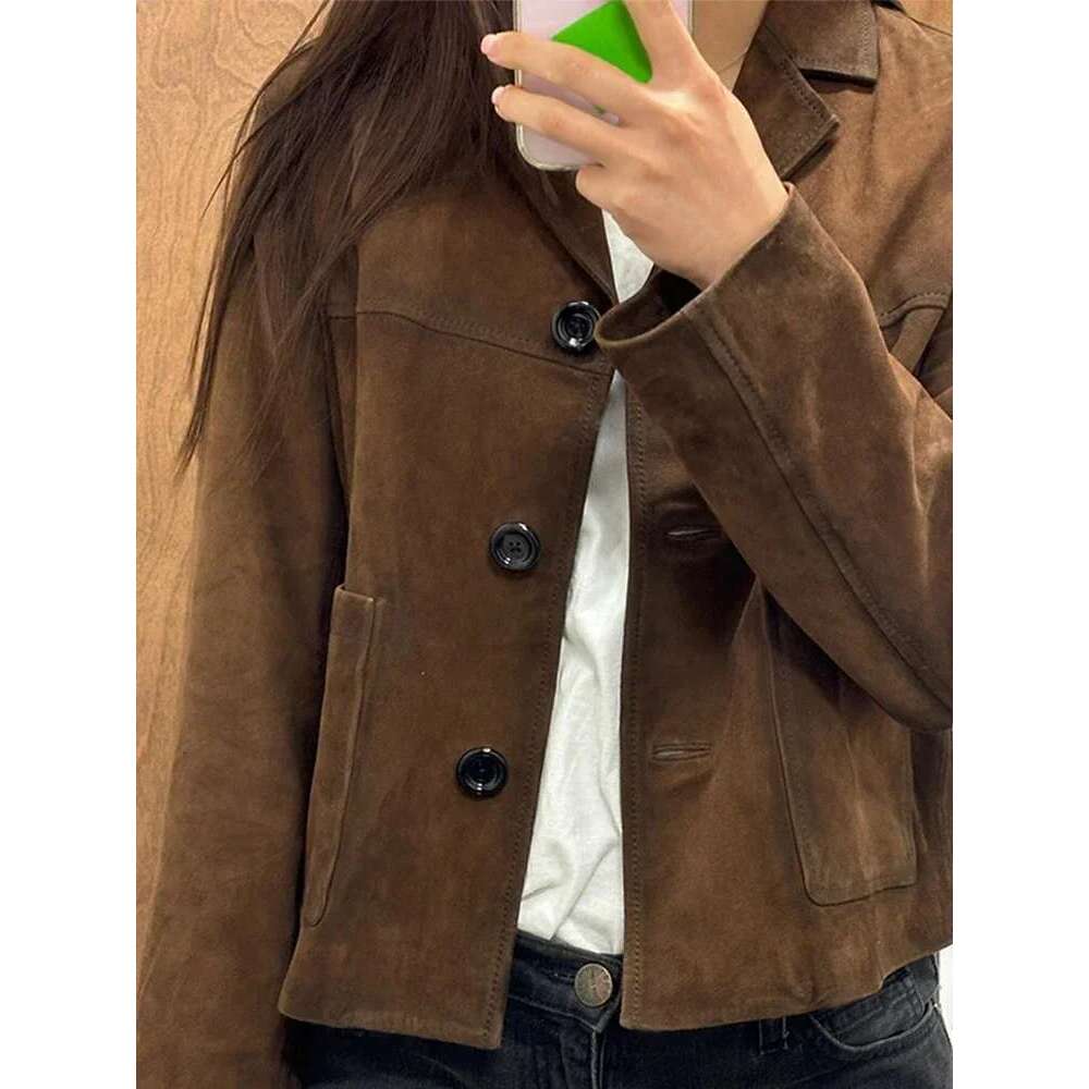 ZBZA Women Retro Suede Leather Jacket Coat Casual Suit Collar Single-breasted Long-sleeved Cropped Overcoat Fall Winter Chic Top