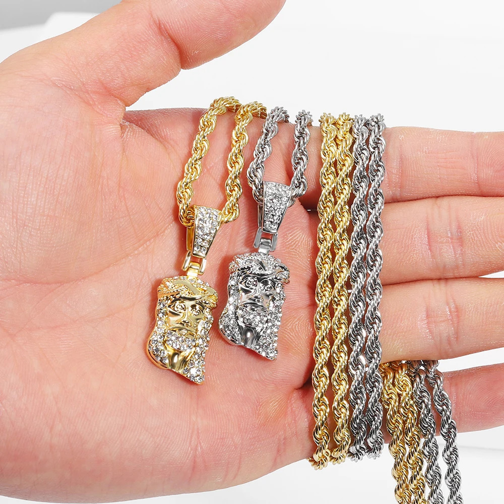 Jesus Christ Piece Head Face Pendant For Men Iced Out Shining Crystal Charm Necklace With Chain Hip Hop Jewelry 250509