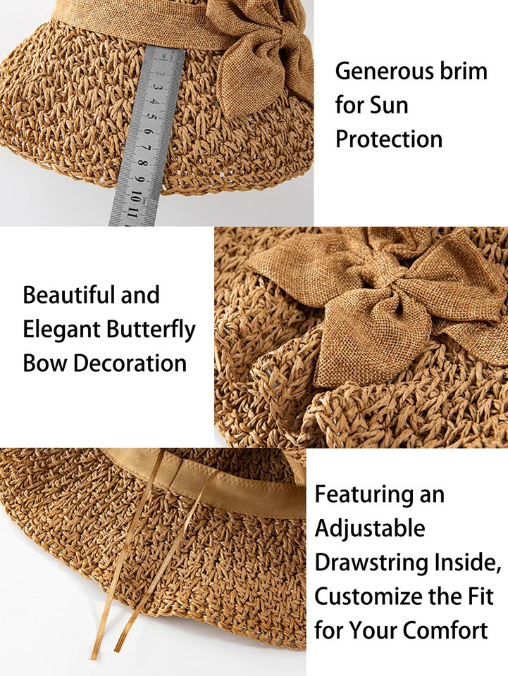 Handmade Straw Hat for Women Summer Fashion Bowknot Foldable Sunscreen Panama Lady Sweet Wide Brim UV Beach Cap Girl 250512