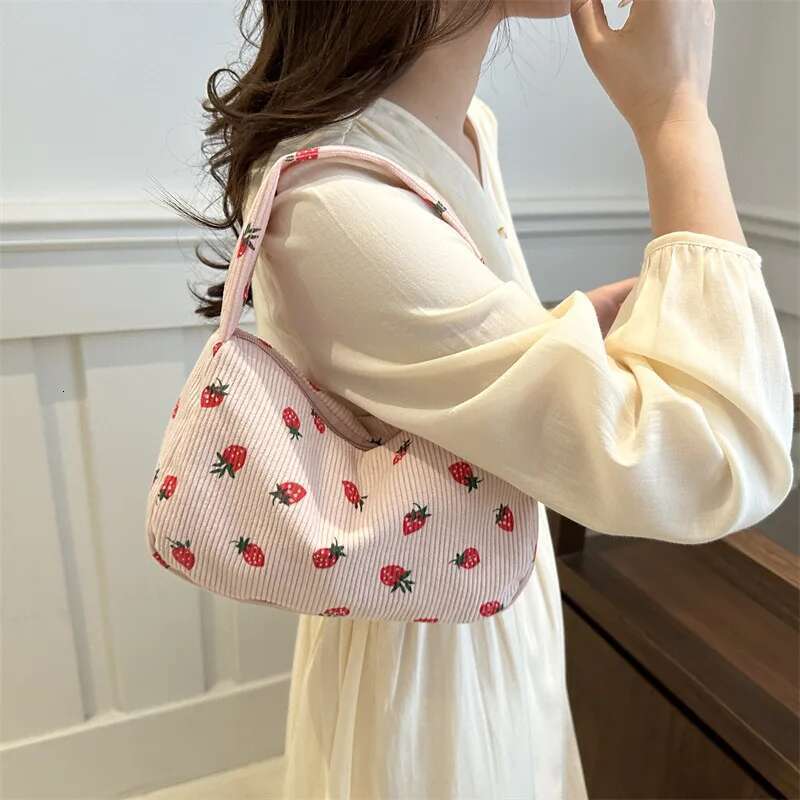 Women Small Corduroy Handbag Cute Strawberry Print Little Tote Underarm Bag Half Moon Design Eco Cloth Purse Mini Shoulder Bags