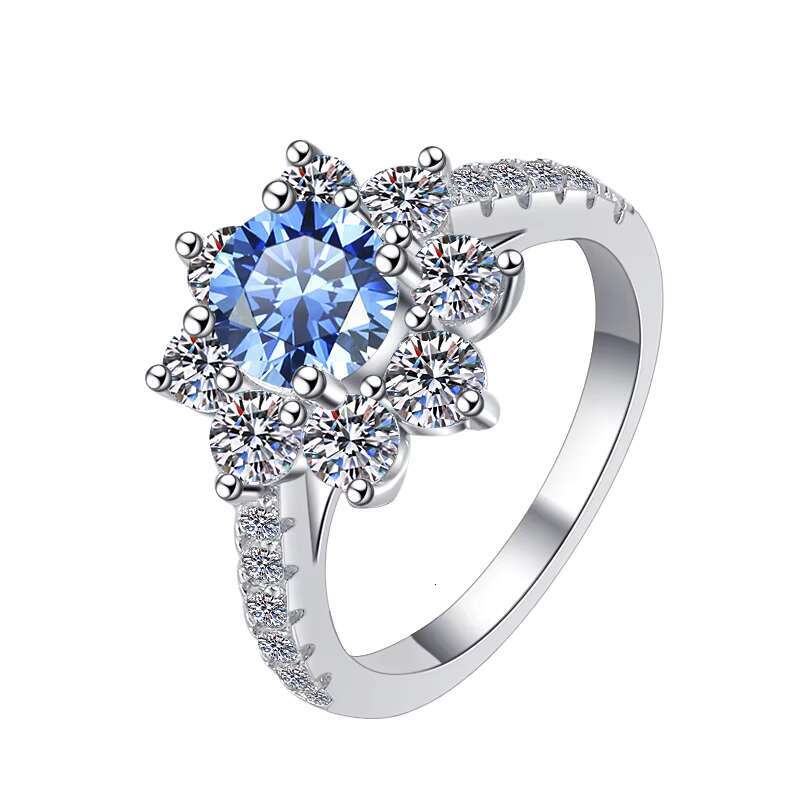 Fine Jewelry Wedding Engagement Ring Flower Shape Blue Diamond VVS1 Moissanite S925 Sterling Silver Ring for Woman Ladies