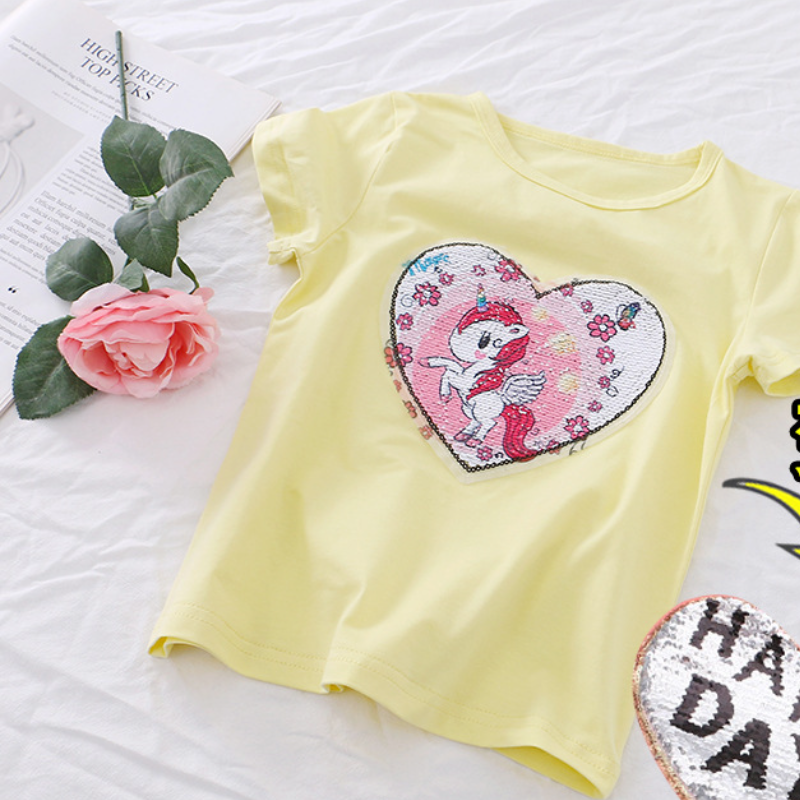 DISNEY Frozen Princess Elsa kids designer clothes Girls' T-shirt children's summer short-sleeved color-changing sequin T-shirt Kuromi.