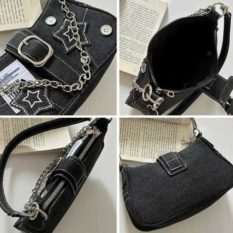 Y2K Women Korean Harajuku Goth Star Girl Black Hand Bag Fairy Grunge Aesthetic Wallet Shoulder Handbag Purses Baguette Tote BagsW250512