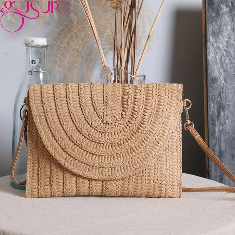 ddmy Shoulder Straw Woven Crossbody Bag Beach Clutch Handbag Casual Summer Handmade Envelope Bags for Women Totes Purse