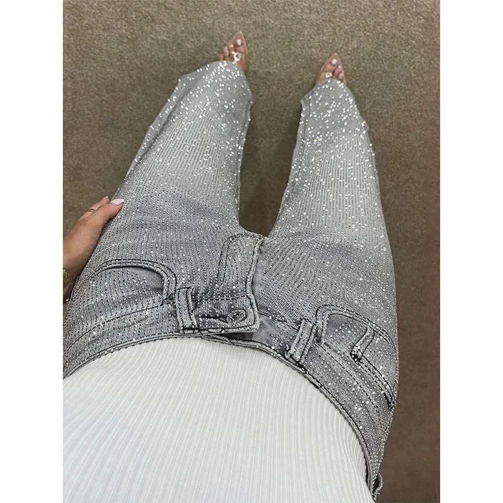 Y2k Women Shiny Rhinestone Denim Pants Wide Leg Straight Full Dia Jeans for Female Dragging High Street Outwear Trousers
