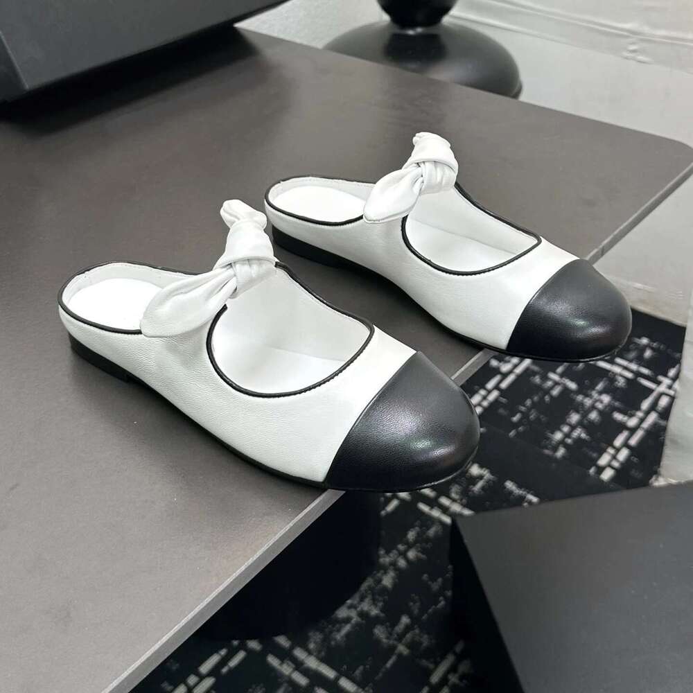 Women Size35-41 Genuine Leather Mules Low Heels Butterfly Knot Slippers Round Toe Slide Designer Shoes Zapatillas De Mujer