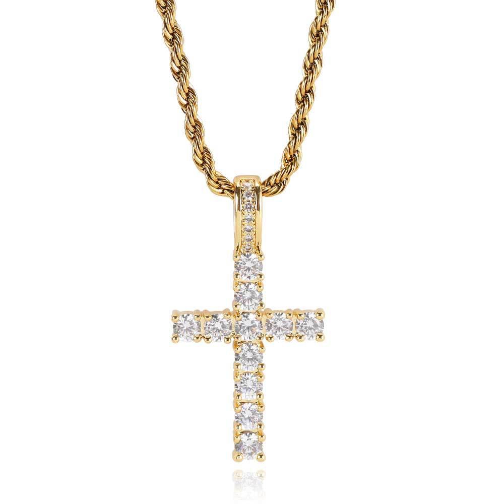 Gold Plated Cross Pendant Necklace for Men and Women - Stainless Steel, 4MM CZ Stone, Hip Hop Chain Necklace