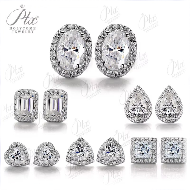 Oval Shaped Halo Moissanite Stud Earrings Pendant Necklace Set 1 Carat White Gold Finish 925 Sterling Silver for Bridal Jewellery