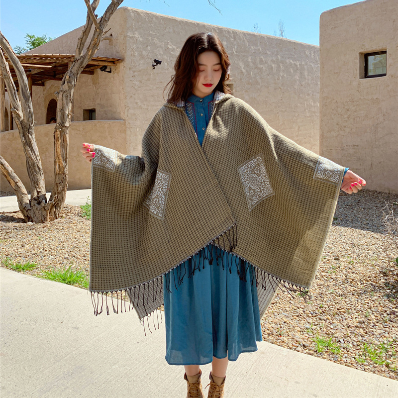 K695 Travel photography cape large shawl women autumn and winter outerwear sun protection hooded scarf red ethnic style knitted coat