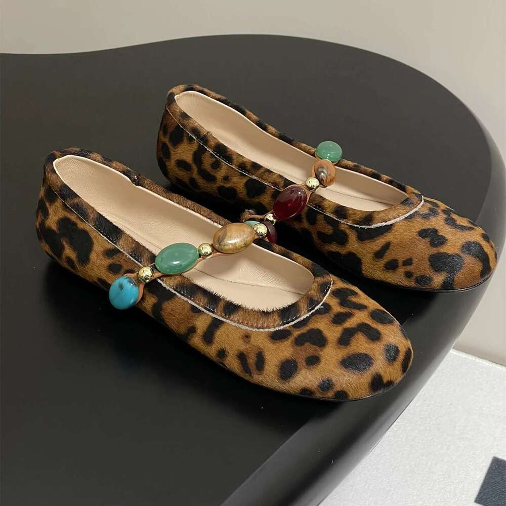 Women Size34-42 Genuine Leather Ballet Flats Mary Janes Jewel Weaving Round Toe Leopard Designer Shoes Zapatillas De Mujer