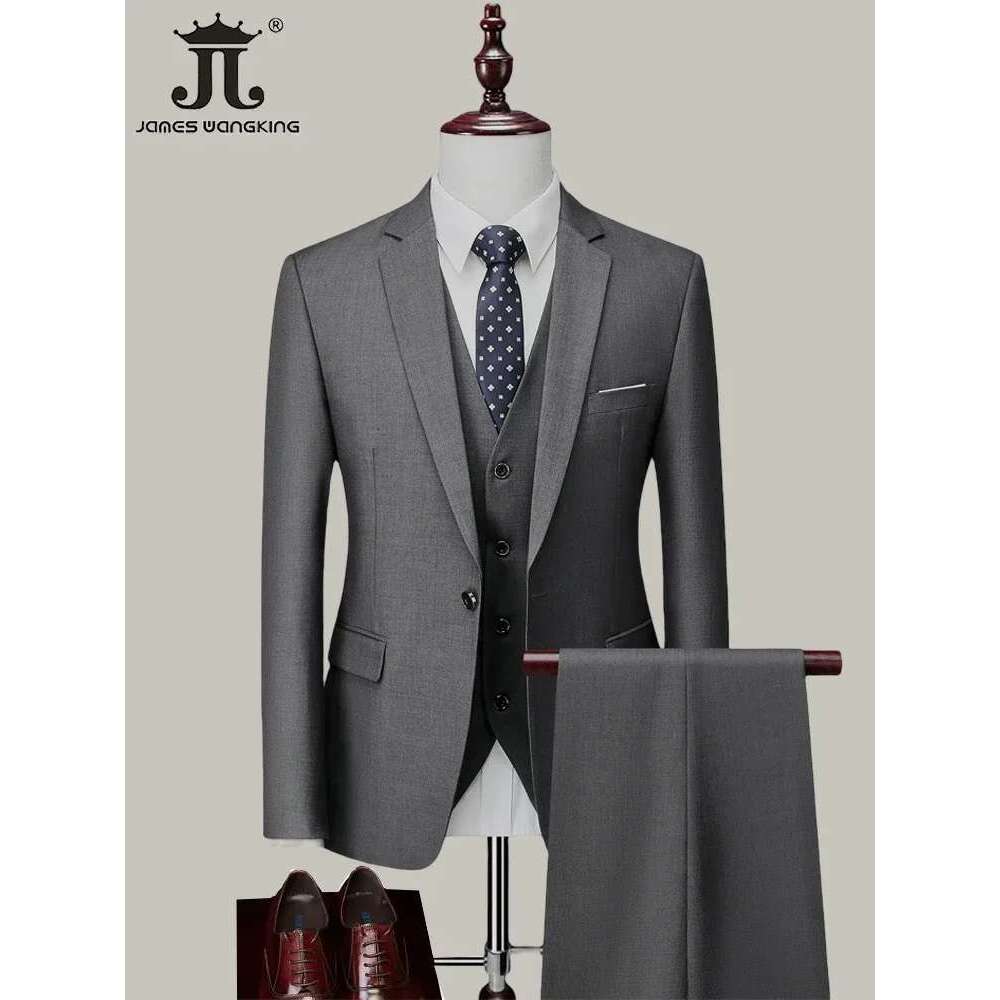 M-6XL ( Jacket+Vest+Pants ) Brand Solid Color Formal Office Business Men's Suit Groom Wedding Dress Party Male Casual Suits
