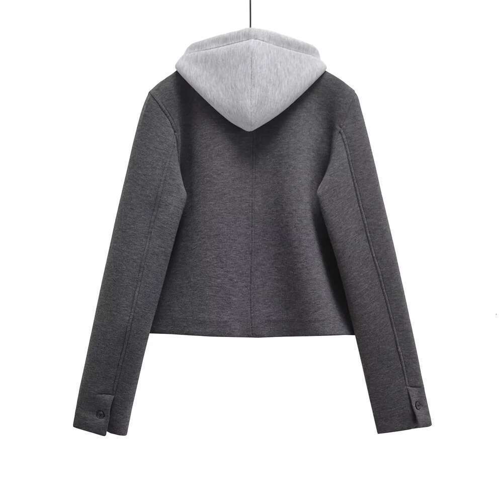PB&ZA early autumn new women's fake two-piece lapel hooded long-sleeved double-breasted patchwork short jacket