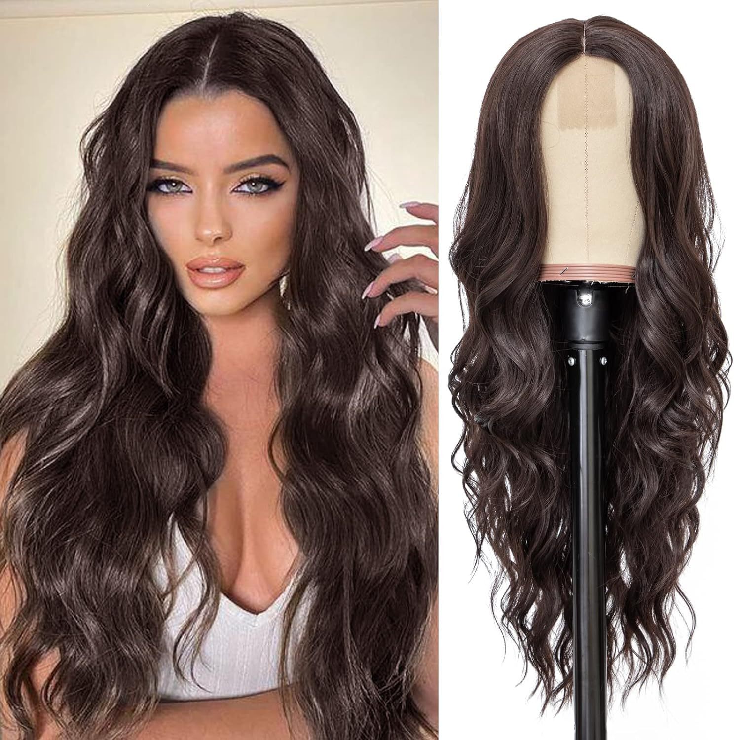 small Ladies lace wig brown medium split big wavy long curly hair headband Lacewig