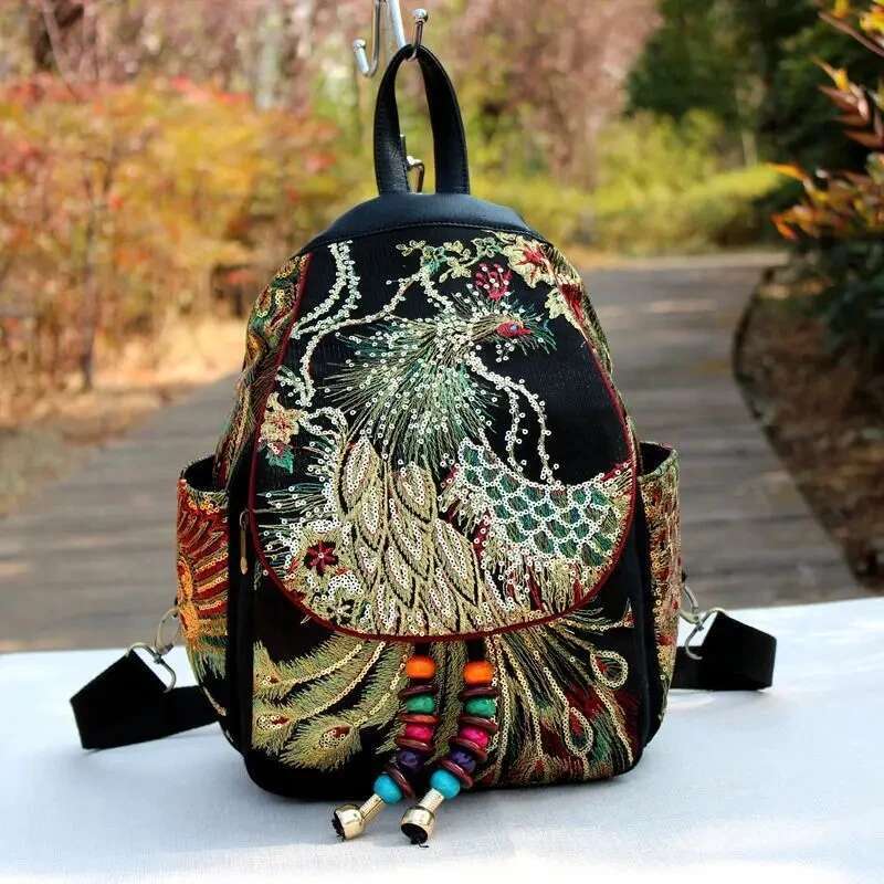 Female Travel Shoulder Rucksack Retro Design Canvas Women Large Capacity Ethnic Backpack Handmade Embroidered Knapsack