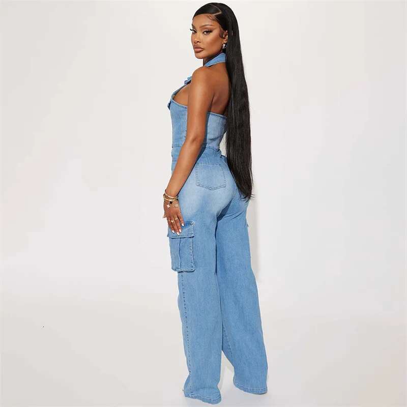 Fashion Lapel Sleeveless Backless Denim Jumpsuit Women Straight Jeans Rompers Female Slim Fit One-piece Pants Casual Streetwear