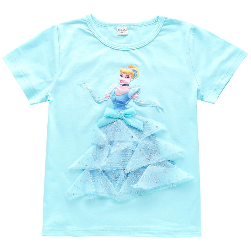 DISNEY Frozen Princess Elsa kids designer clothes Girl short-sleeved T-shirt summer three-dimensional princess for small children half-sleeve comforta