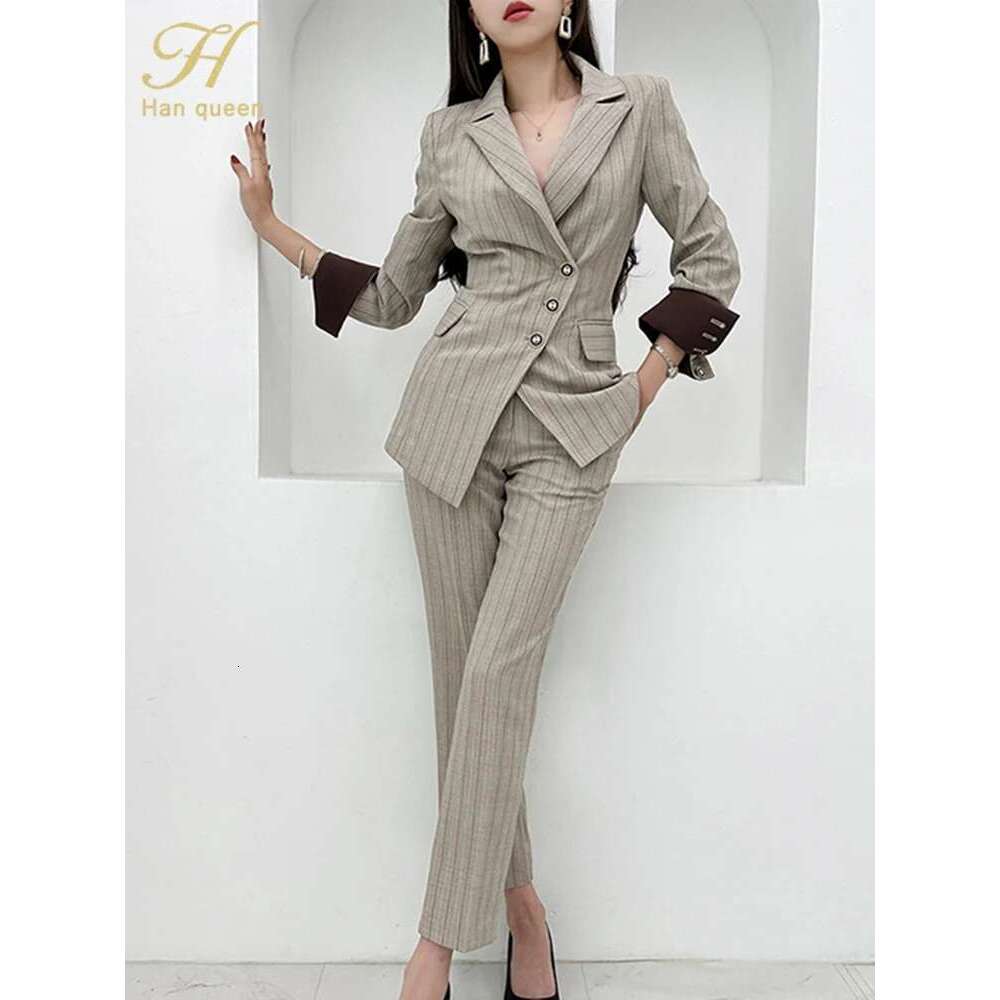 H Han Queen Autumn Winner Formal New Two Piece Set Elegant Long Sleeve Suit Jacket & Pants Sets Korean Casual Women's Suits