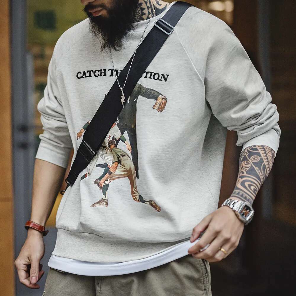 Maden Vintage Baseball Print Sweatshirt Heavyweight Letter Embroidery Loose Fit Hoodies Casual Crew Neck Top For Men's Spring Designer