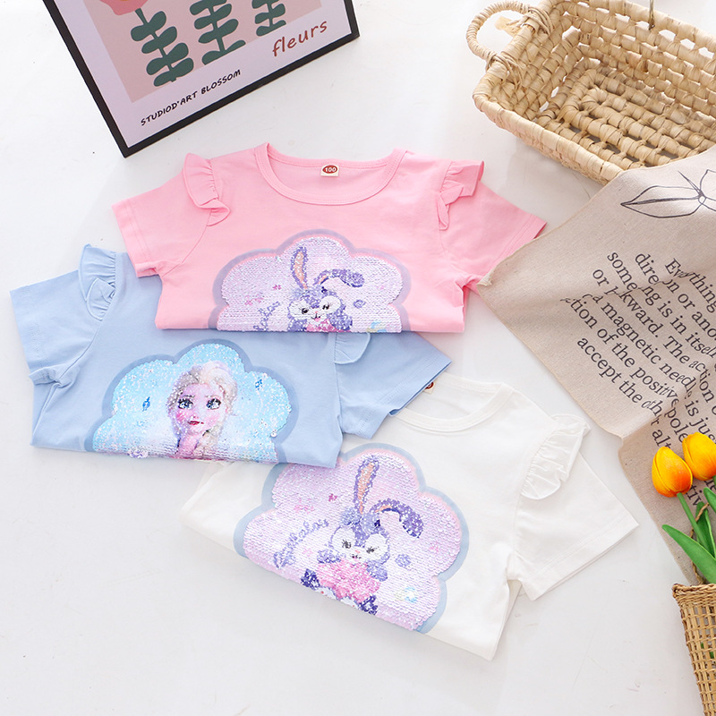DISNEY Frozen Princess Elsa toddler designer clothes Children's summer clothes girl short-sleeved T-shirt girl color-changing sequin top.