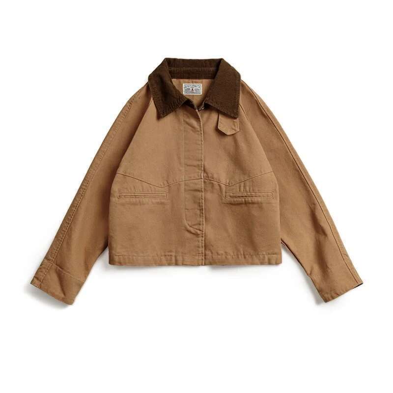 Maden Retro Khaki Corduroy Collar Jacket Heavyweight Canvas Outerwear Loose Fit Casual Coat for Women's Autumn and Winter Tops