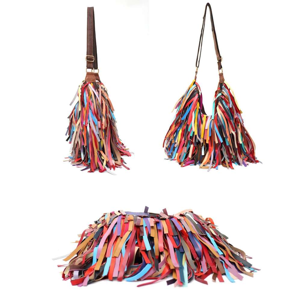SC Colorful Real Sheepskin Shoulder Bags For Women Large Casual Slouchy Hobo Handbags Patchwork Leather Tassel Cross Body Purses