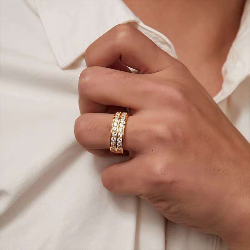 Full Iced Out Sparkling Moissanite Ring 18K Gold Plated 925 Sterling Silver Jewelry Double Row Round Moissanite Ring for Women