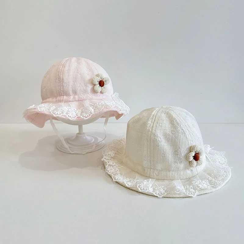 Princess Girl Lace Basin Hat Soft Cotton Baby Sunshade Fisherman Hats 3-8Month Newborn Sunscreen Bucket Cap Sweet Flower Visors R250512
