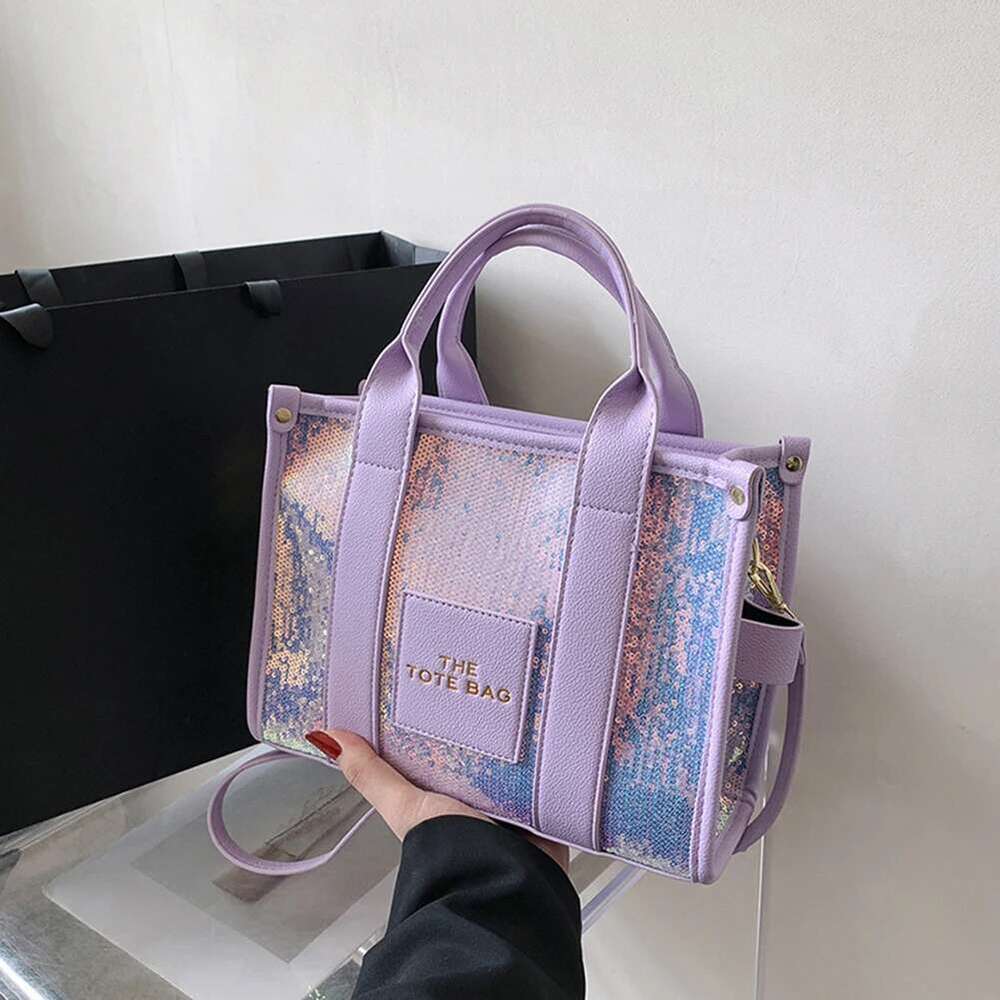 New The Tote Letter Printed Sequins Top-Handle Women Leather Handbag Designer Glitter Shoulder Crossbody Bag