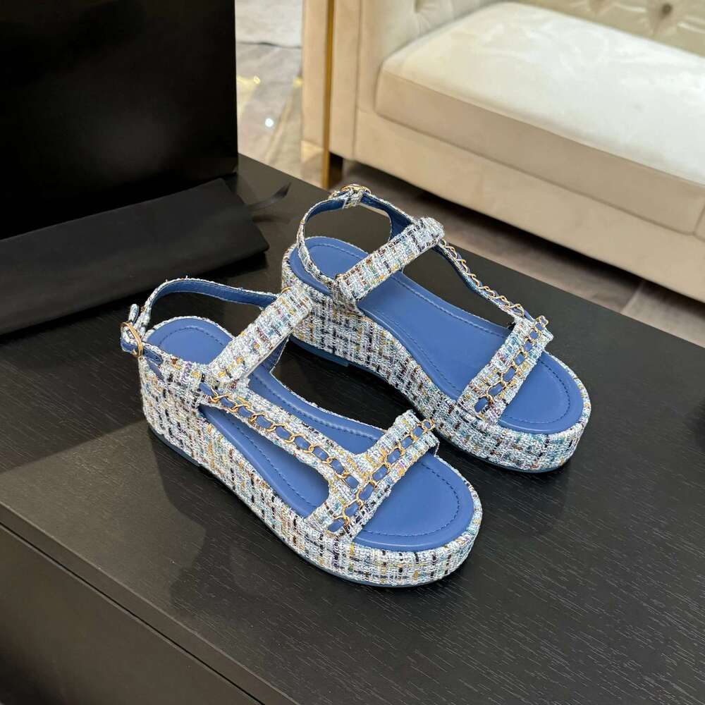 Women Size35-42 Sandals Chain High Heels Wedges Flat Platform Pumps Summer Buckle Strap Designer Shoes Zapatillas De Mujer