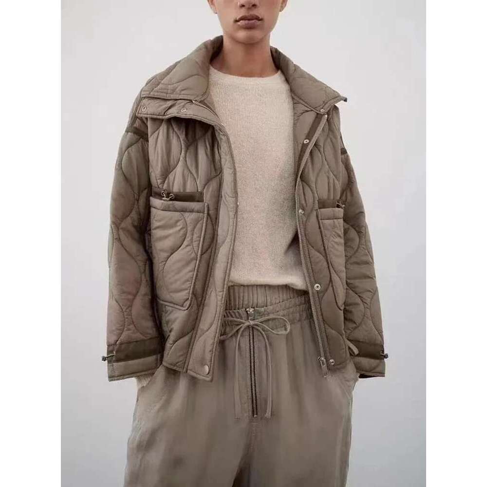 TRAF Women's New Fashion Warm Cotton Fall And Winter Standing Collar Long Sleeve Front Zipper With Buttons Vintage Jacket