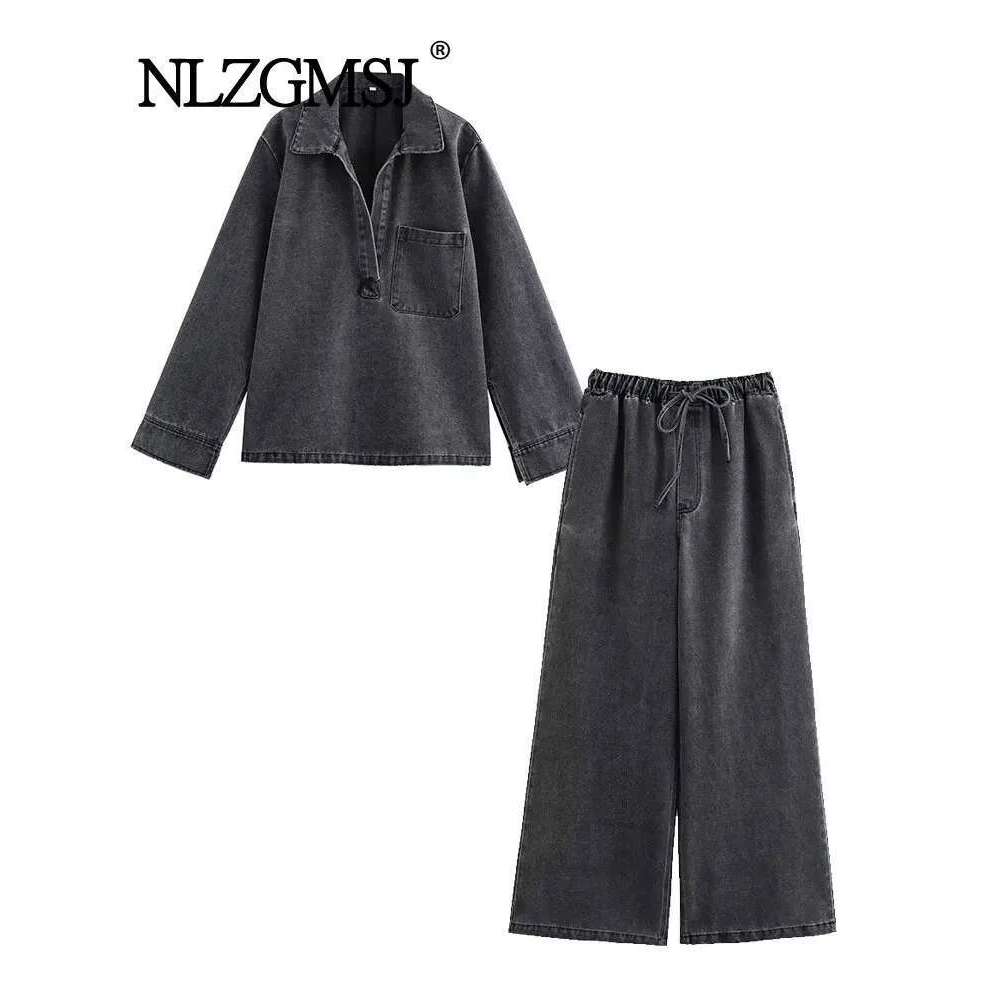 2024 Autumn Jeans Sets Women Turn-down Collar Casual Top Fashion High Waist Streetwear Female Denim Pant Two Piece Set