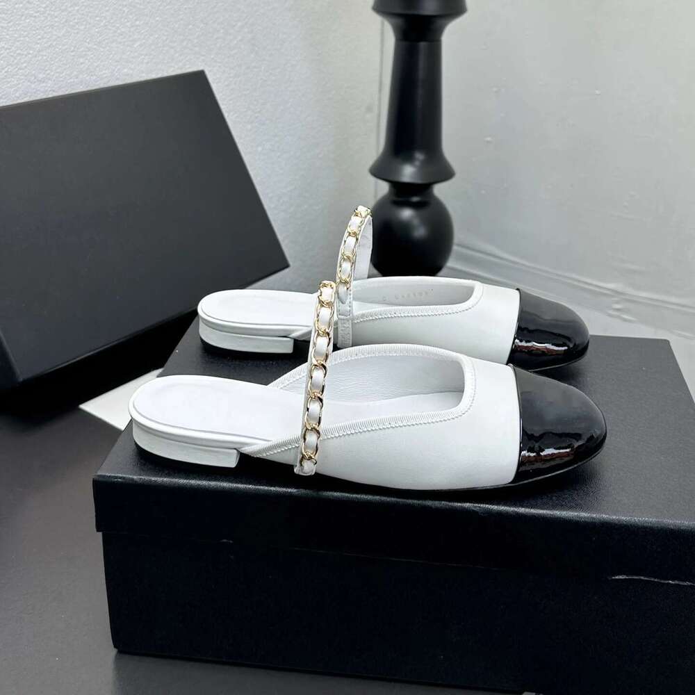 Women Size35-41 Genuine Leather Mules Low Heels Chain Slippers Round Toe Summer Slides Designer Shoes Zapatillas De Mujer