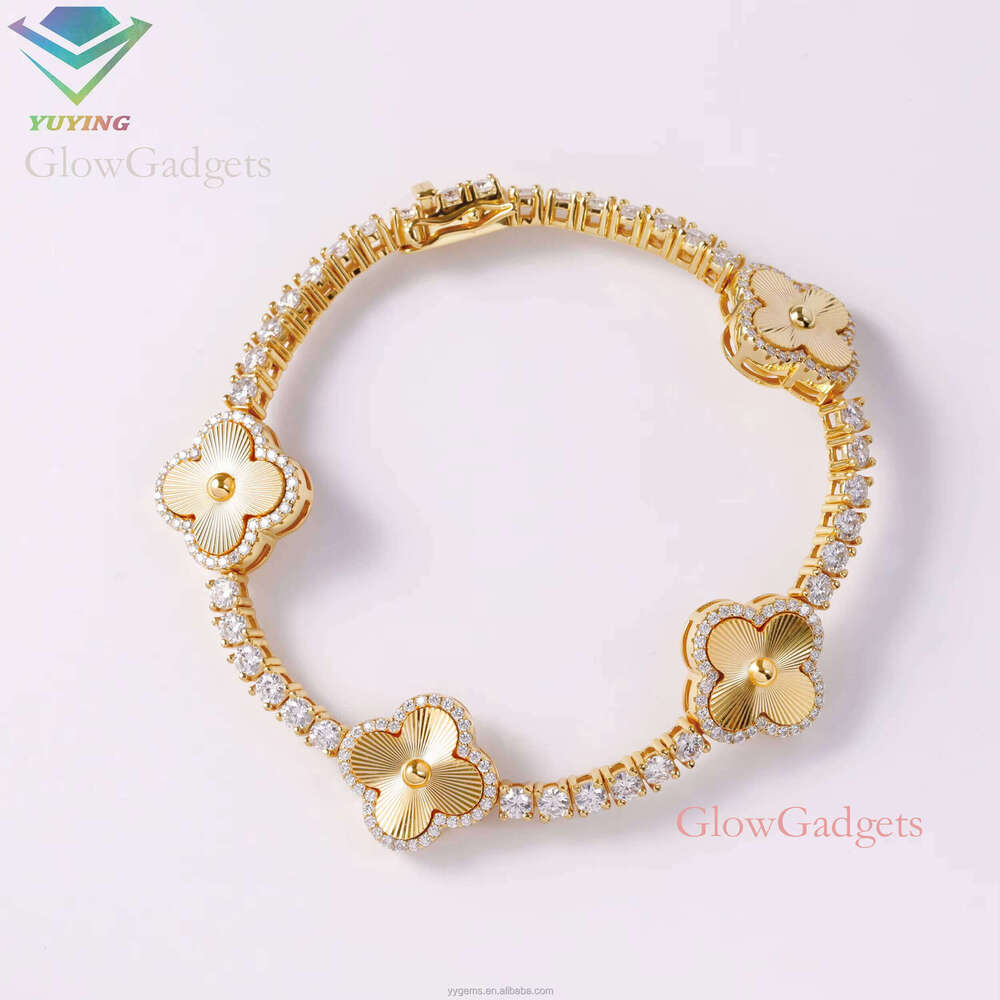 Lucky Four Leaf Hip Hop Jewelry 3mm S Sier Gold Plated Iced Out Moissanite Clover Tennis Bracelet