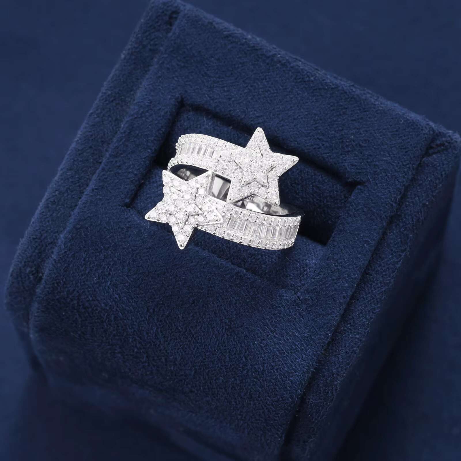 New Design 925 Sterling Silver VVS D Moissanite Baguette Double Layer Star Ring Luxury Adjustable Accessories Jewelry