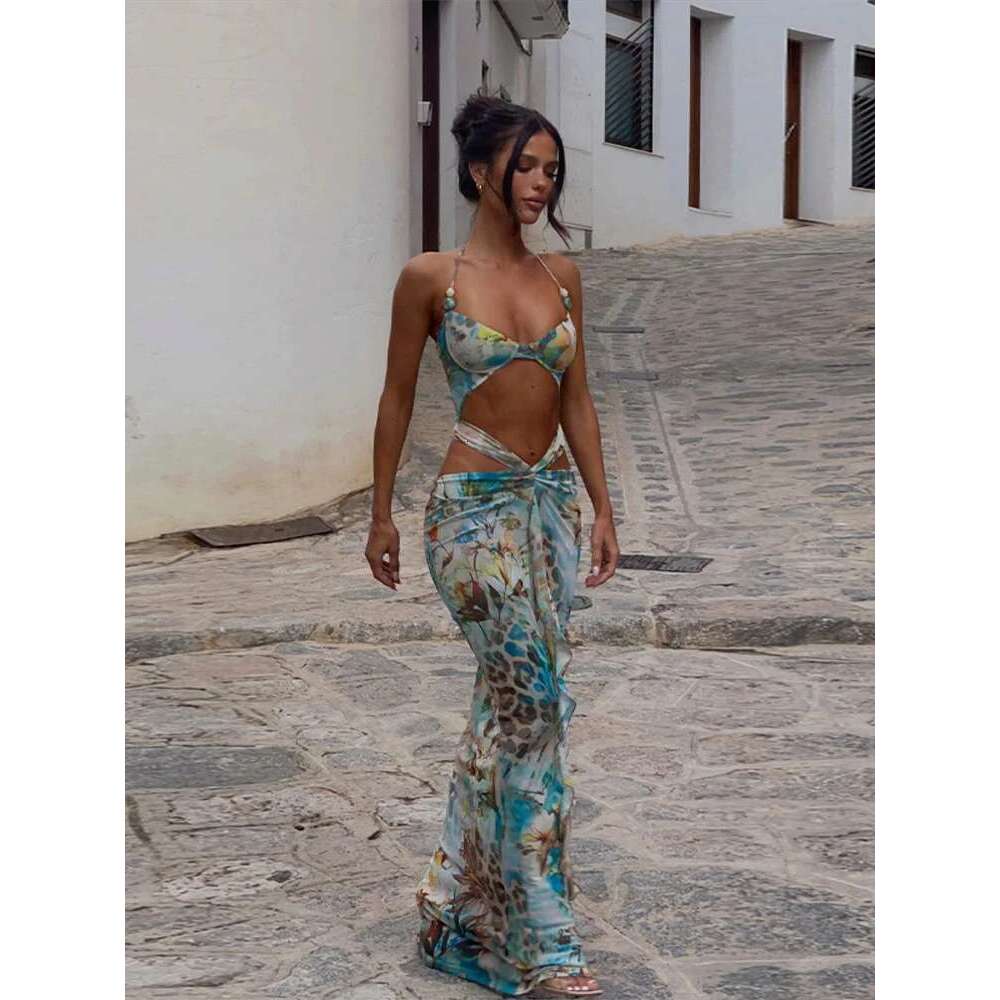 Women Sexy Printed Vestidos Chic Sleeveless Hollow Out Halter Bodycon Mini Dress 2025 Ladies Beach Seaside Vacation Bohemia Wear